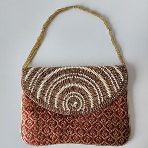Evening Clutch Bag Envelope Red Gold Jacquard Beaded Wedding Party Grad Event